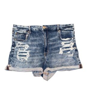 American Eagle Outfitters curvy hi rise shortie medium wash distressed denim